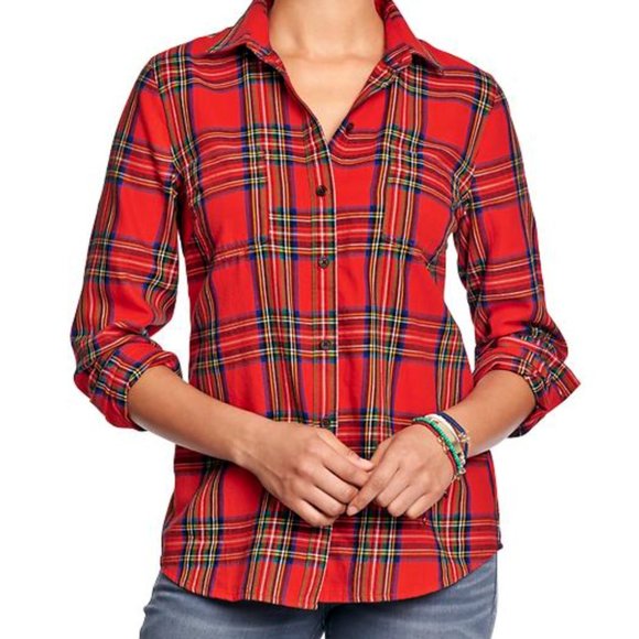 🌸4/$50🌸 Old Navy Red Tartan Flannel Button Down Shirt - Picture 2 of 14